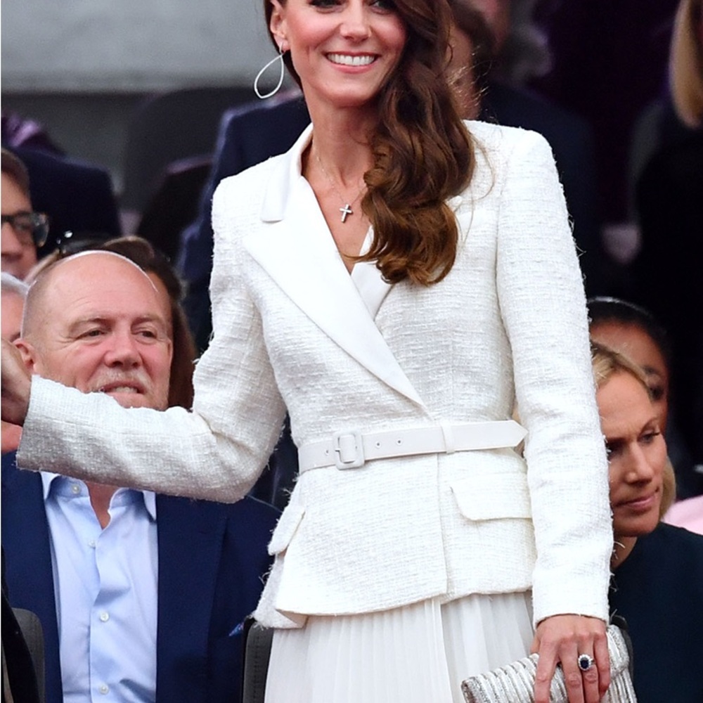 Self-Portrait Cream Tailored Boucle And Chiffon Midi Dress ASO Kate Middleton